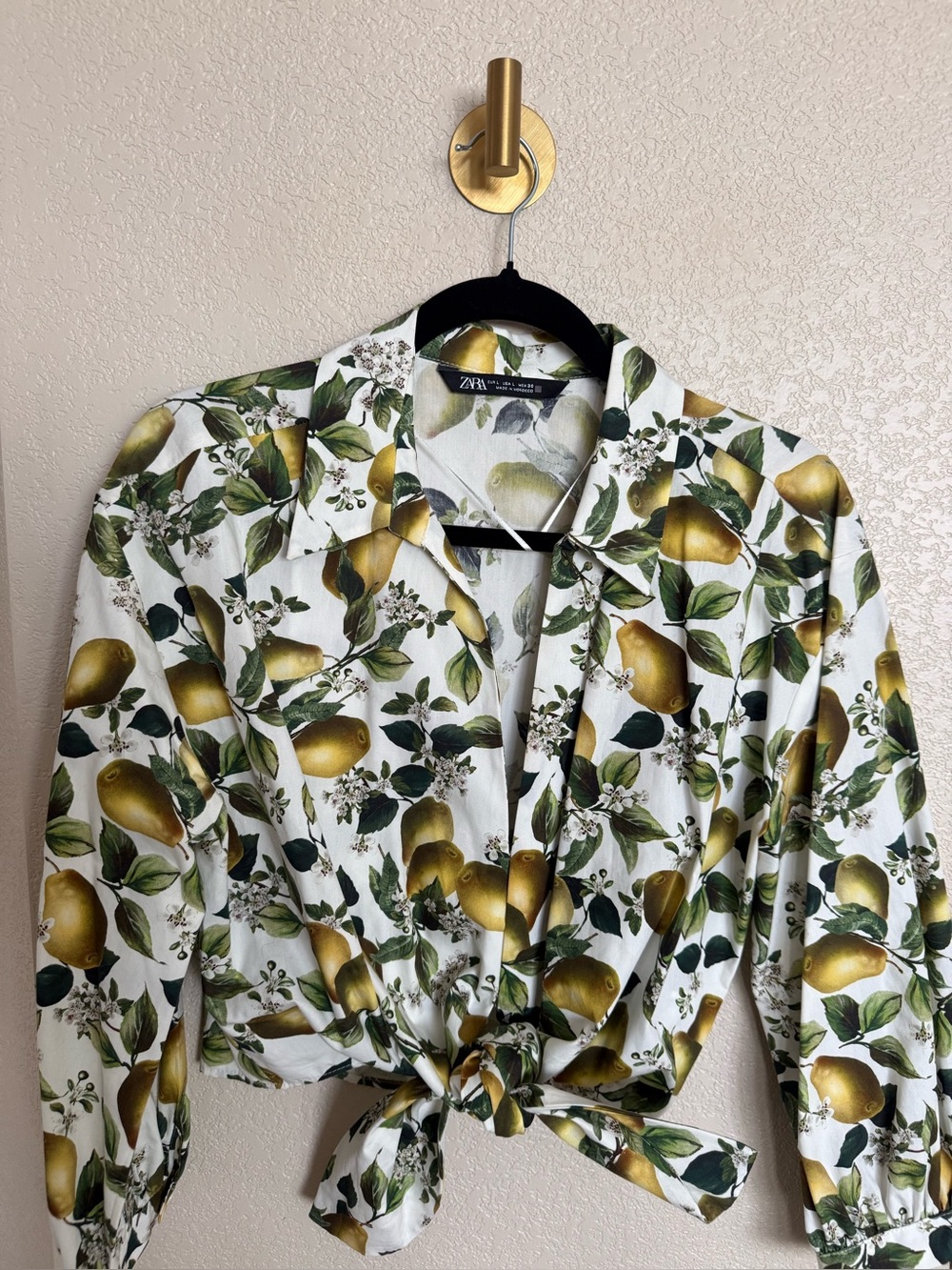 Zara White Lemon-Print Tie-Front Shirt Jacket